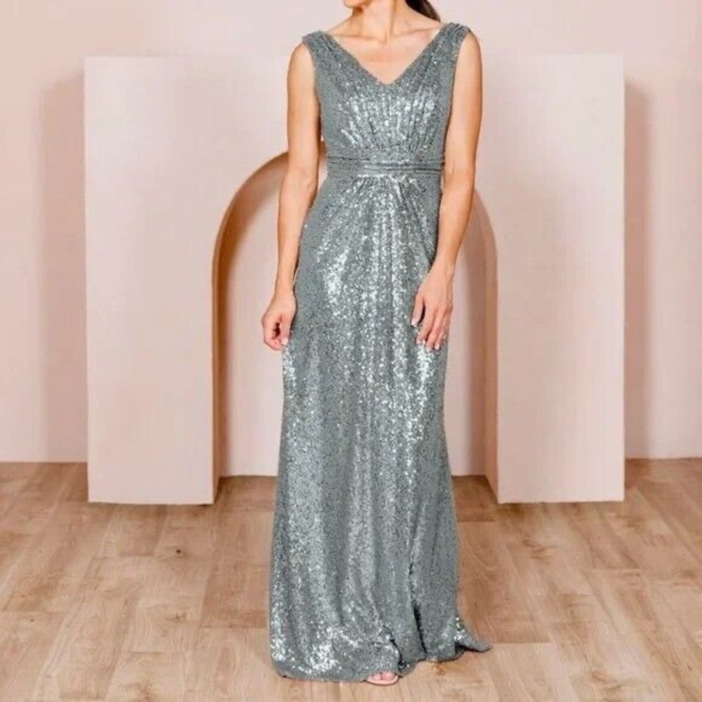 Revelry Bijou Elegant Silver Sequin Evening Gown